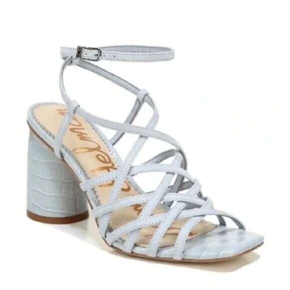 Sam Edelman Daffodil Gray Leather Croc Embossed Strappy Block Heel Sandals 9M - Picture 1 of 10